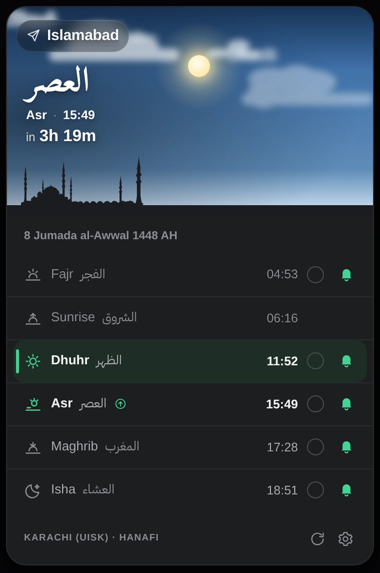 The Salah Times popup showing the next prayer, a countdown, and today's prayer times