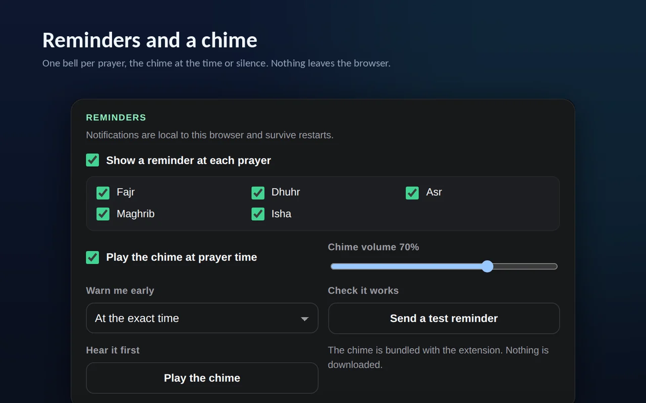 Reminder settings with a bell for each prayer and the adhan volume